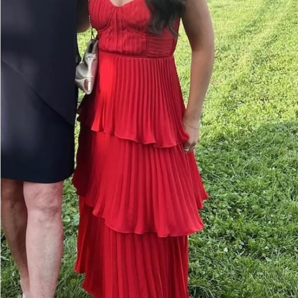 Vibrant Red bustier Tiered Maxi dress with Sleeveless Design